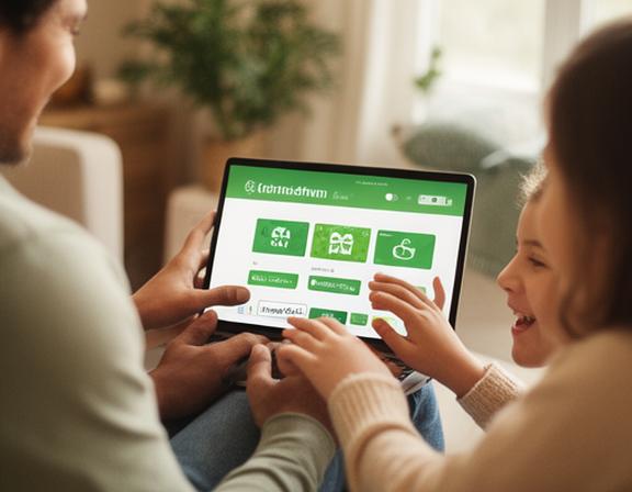 Family reviewing gift card options together at home, smiling as they select budget-friendly denominations